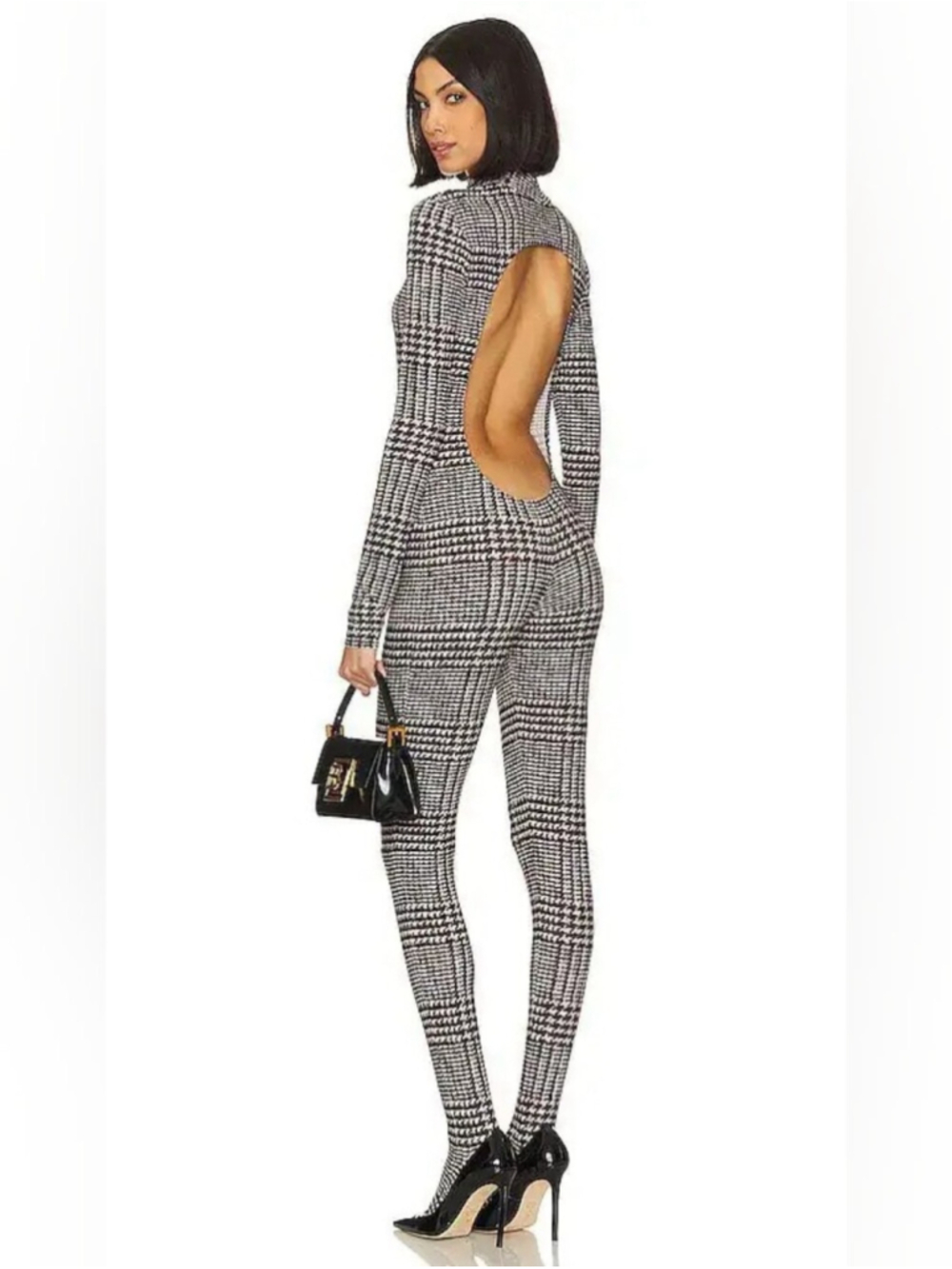 NWT $205 NORMA KAMALI Long Sleeve Open Back Catsuit Chocolate Glenn Plaid Small